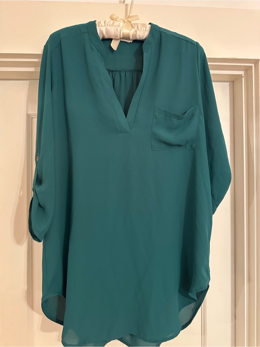 Lush Green V-Neck Tunic with Chest Pocket